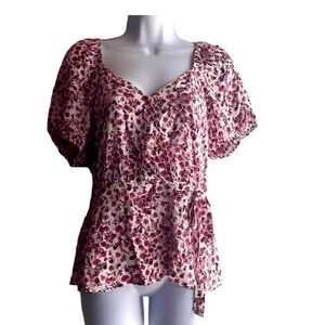Mason & Belle Womens Small Faux Wrap Top Cream Pink Floral Short Sleeve NWT